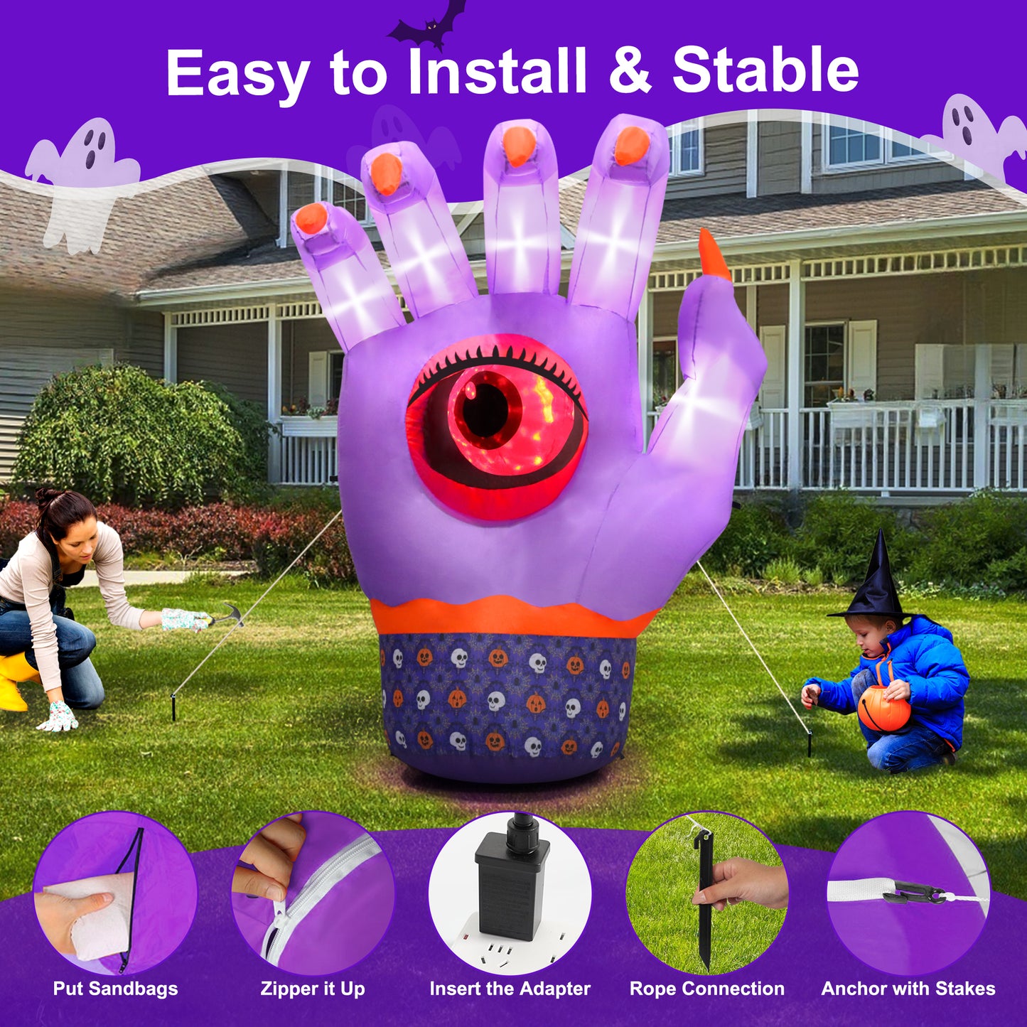 Firstness 7ft Tall Halloween Inflatable, Ghost Hand Inflatable with Eye Rotation LED Lights for Halloween Outdoor Holiday Yard Decorations