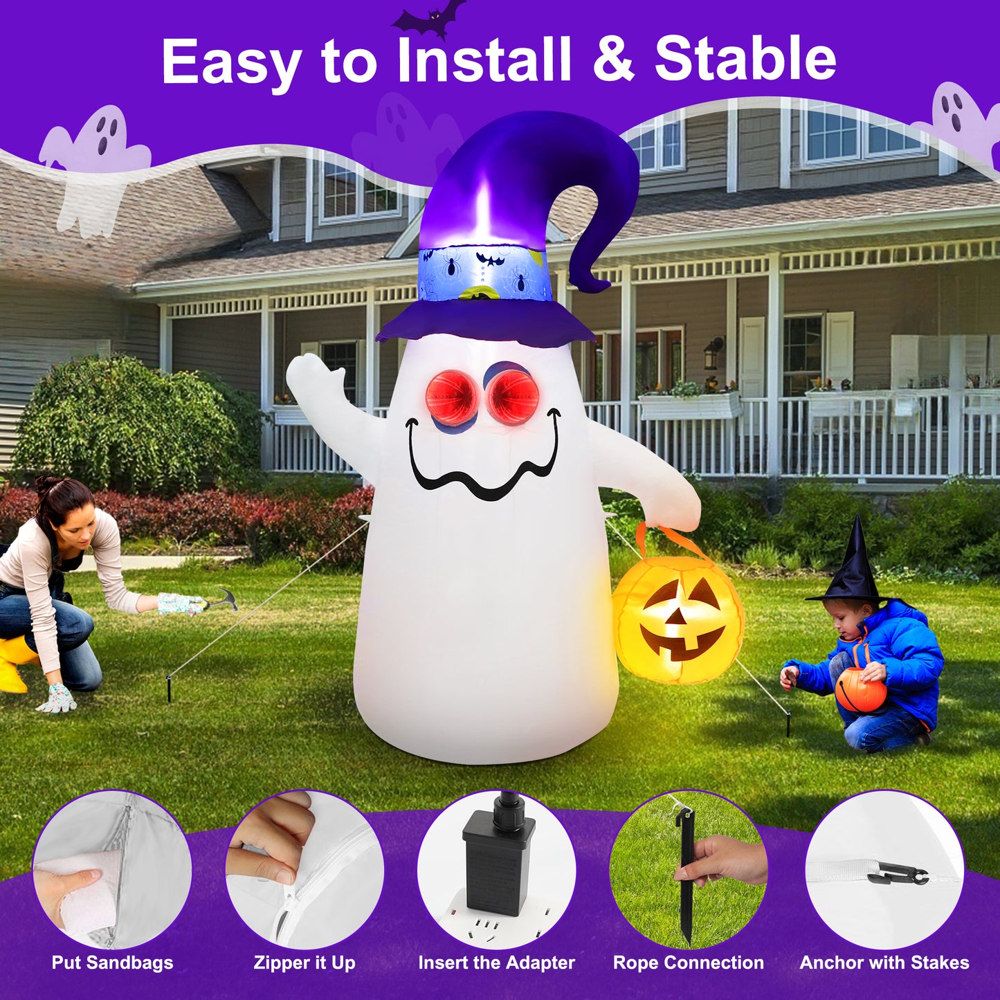 Firstness 5ft Tall Halloween Inflatable, Ghost Inflatable with LED Light Flashing for Halloween Outdoor Holiday Yard Decorations