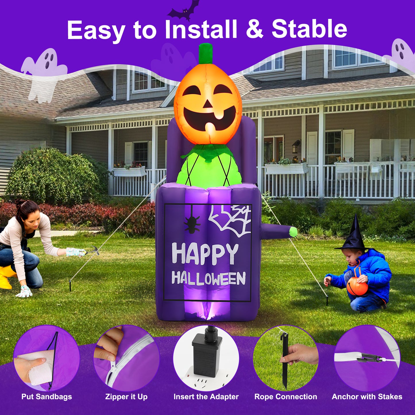 Firstness 6ft Tall Halloween Inflatable, Pumpkins Ghost Liftable Inflatable with LED Lights for Halloween Outdoor Holiday Yard Decorations