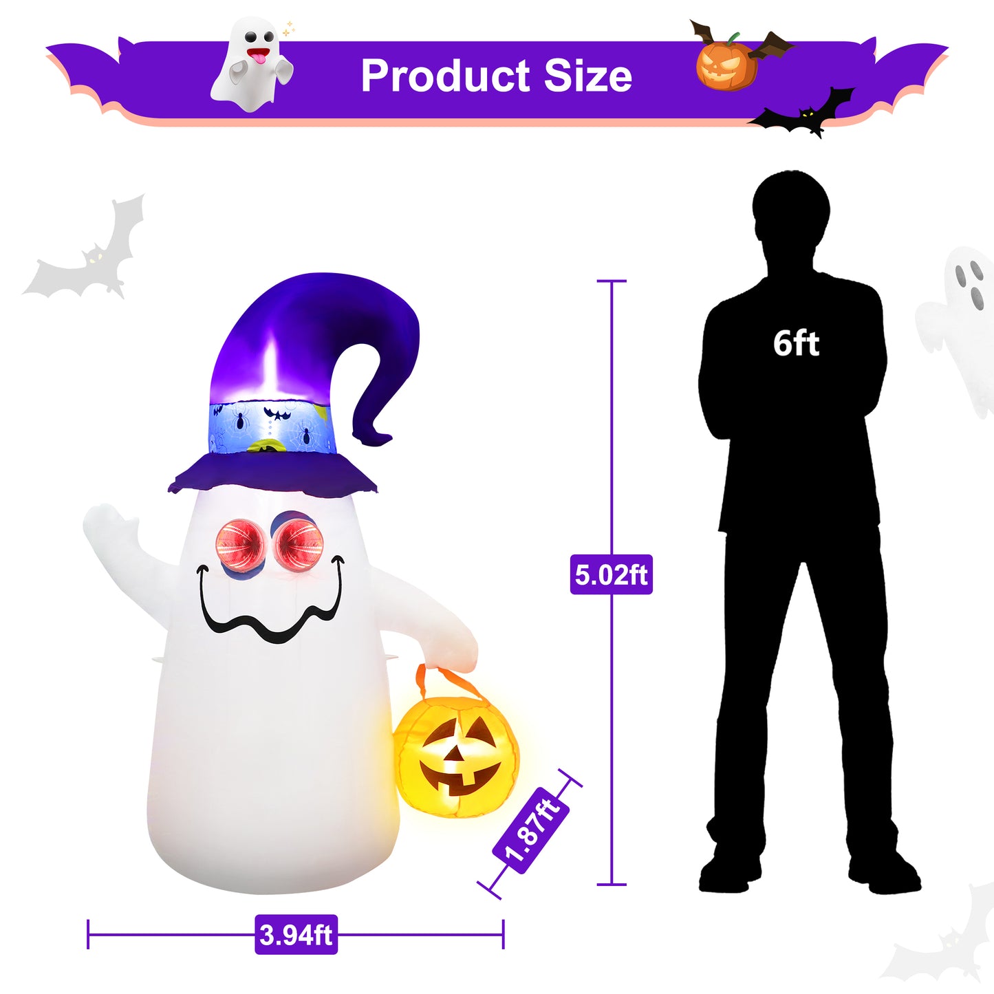 Firstness 5ft Tall Halloween Inflatable, Ghost Inflatable with LED Light Flashing for Halloween Outdoor Holiday Yard Decorations