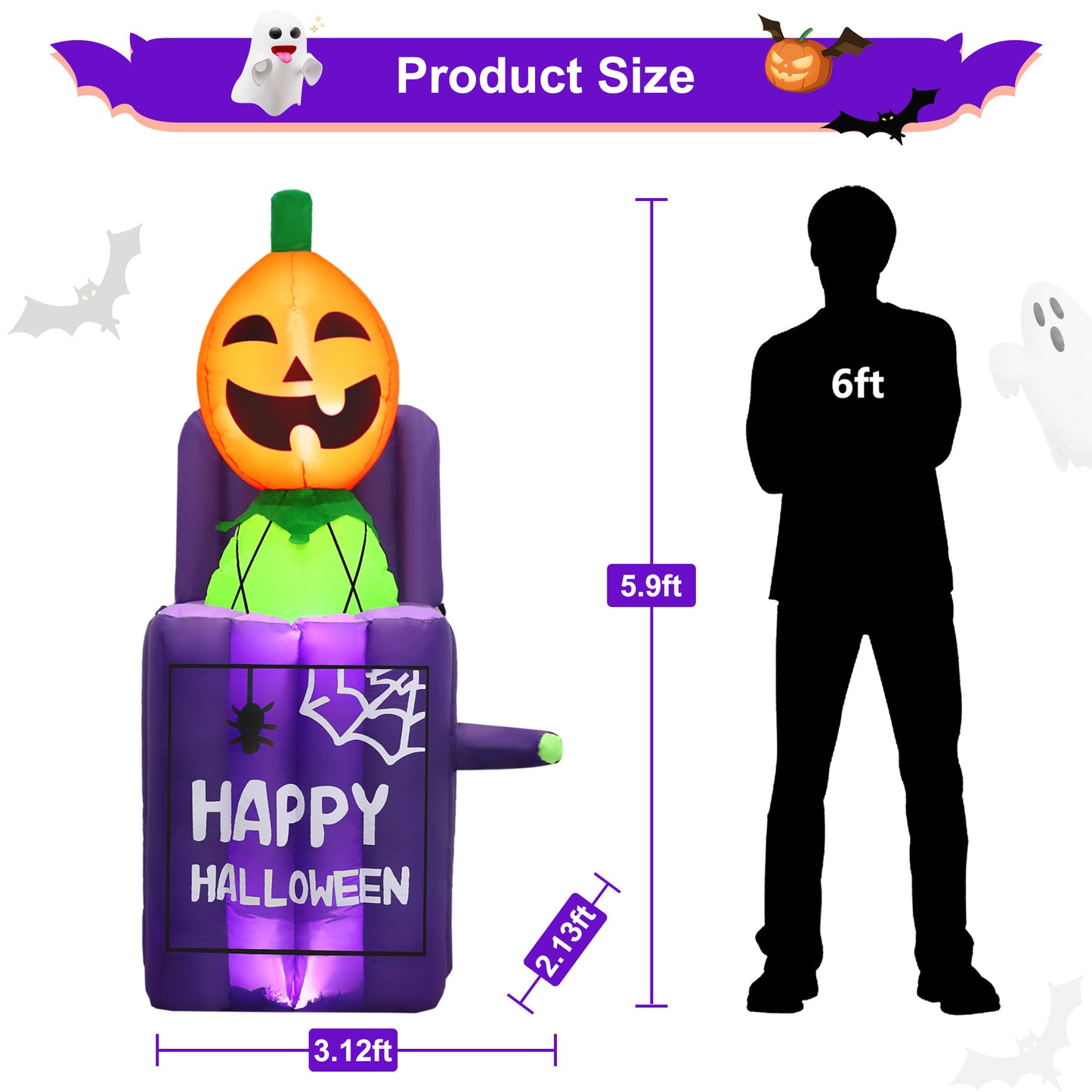 Firstness 6ft Tall Halloween Inflatable, Pumpkins Ghost Liftable Inflatable with LED Lights for Halloween Outdoor Holiday Yard Decorations