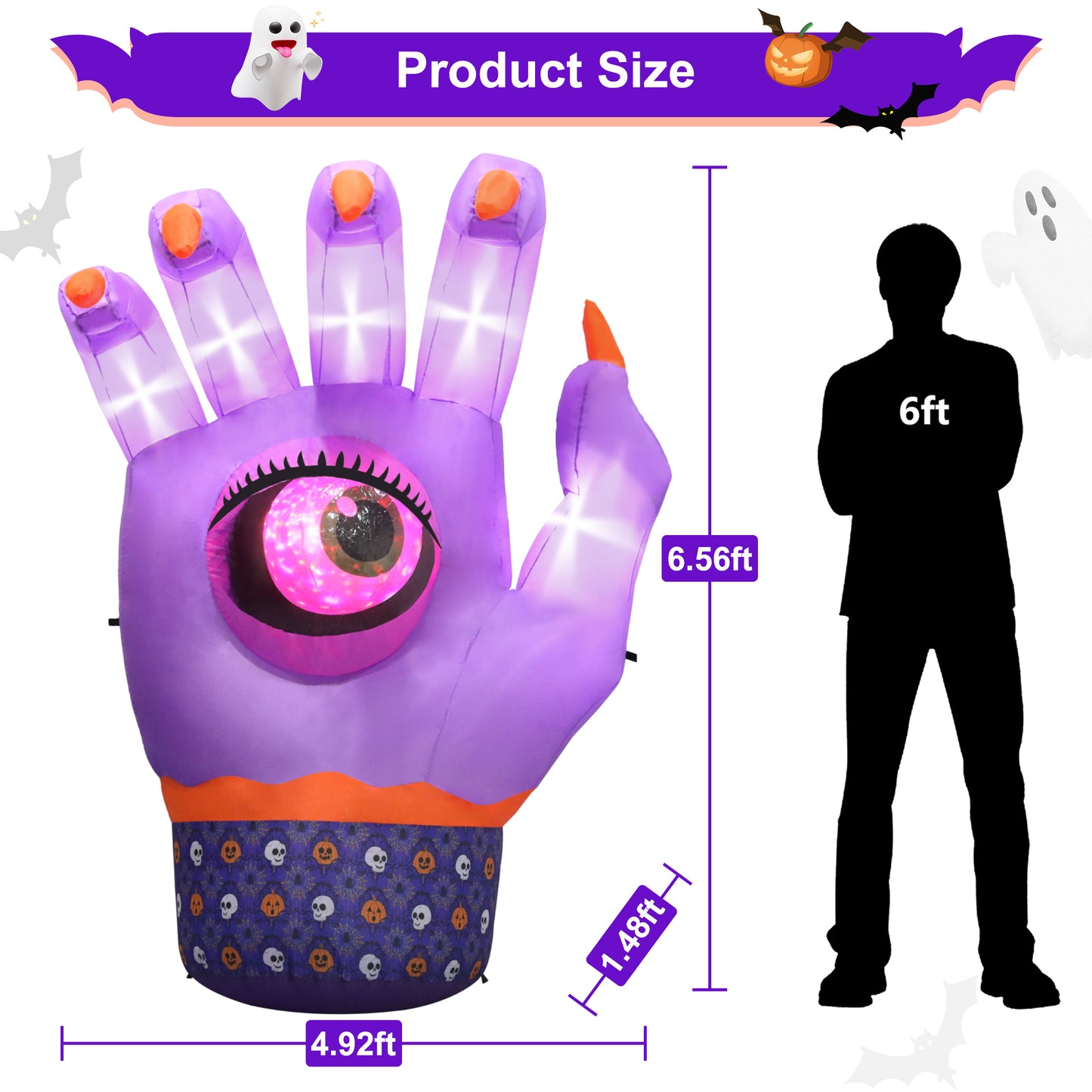 Firstness 7ft Tall Halloween Inflatable, Ghost Hand Inflatable with Eye Rotation LED Lights for Halloween Outdoor Holiday Yard Decorations