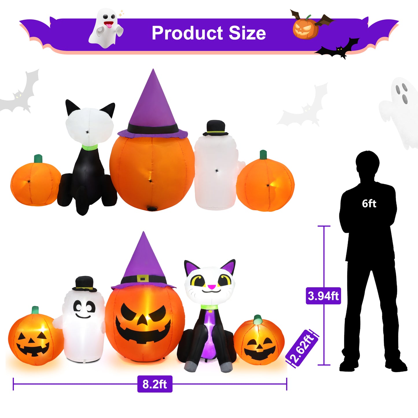 Firstness 8ft Length Halloween Inflatable, Cat Pumpkins Ghost Inflatable with LED Lights for Halloween Outdoor Holiday Yard Decorations