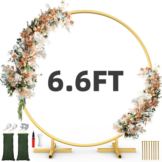 Firstness Round Wedding Archs, 6.6FT Upgraded Cross Base Metal Backdrop Stand for Wedding Birthday Party Bar Mitzvah DIY Decoration, Gold (No Flowers)