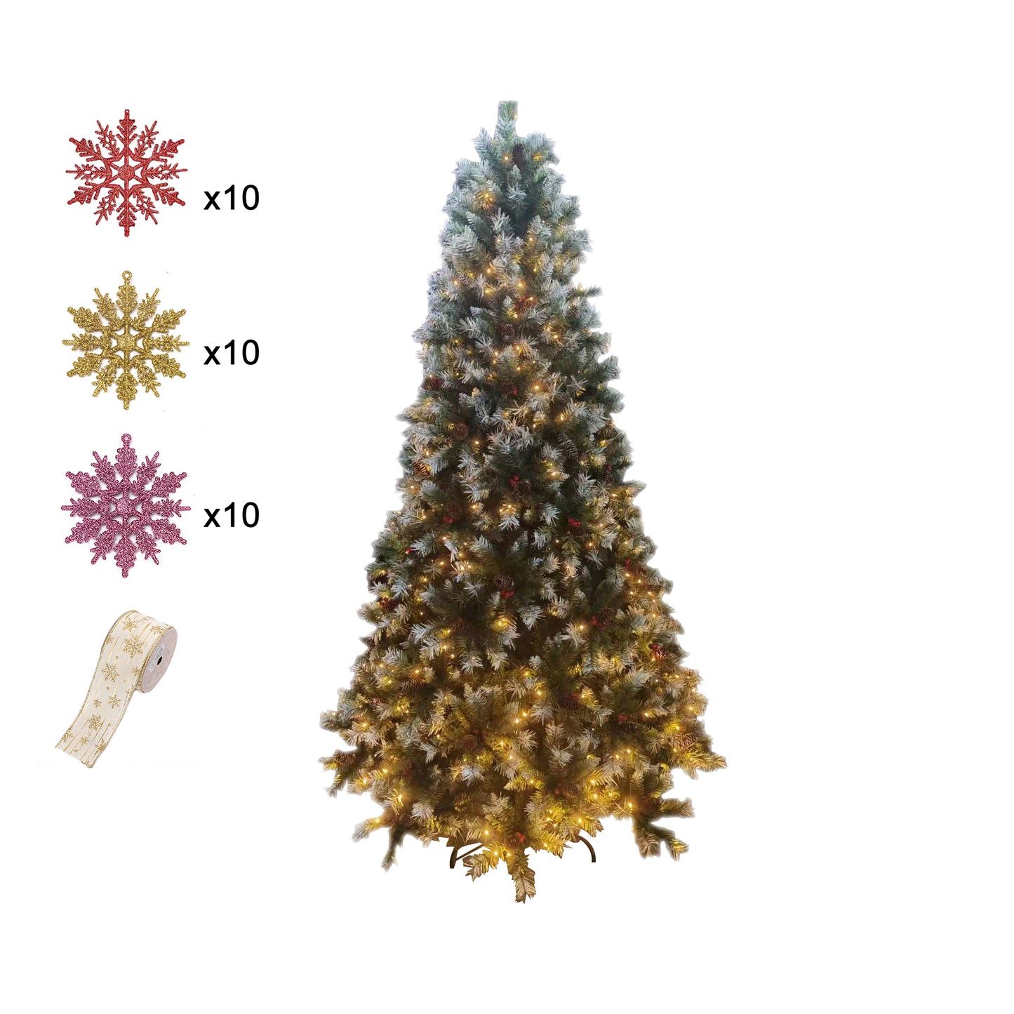 Firstness 6/7.5/9Ft Pre-Lit Snow Flocked Artificial Christmas Tree, with LED Lights, Metal Hinges and Foldable Base