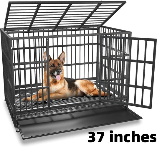 Monasem 37" Heavy Duty Dog Crates for Dogs Pets, Dog Kennels and Metal Wire Cages With Wheels & Sturdy Locks Design