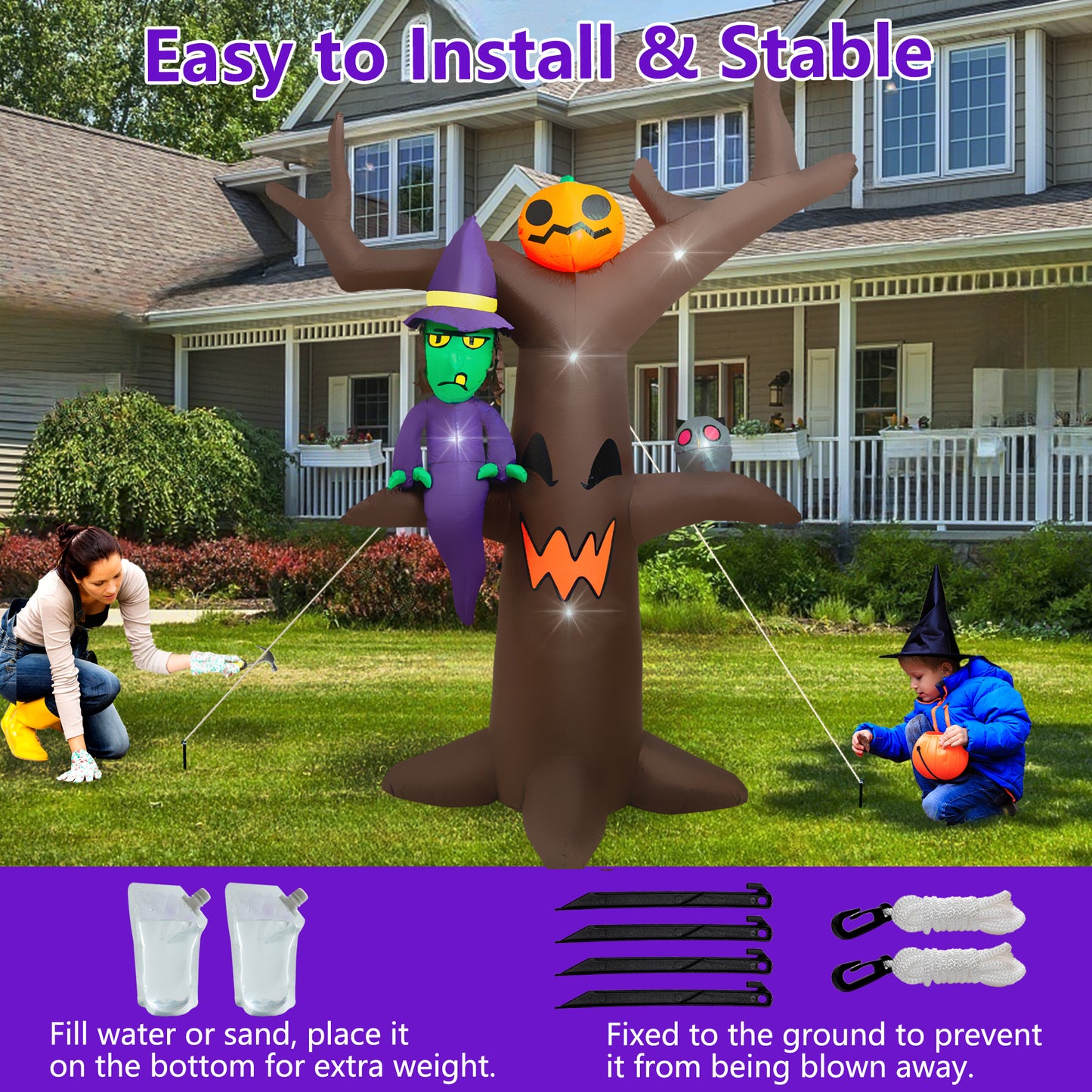 Firstness 8ft Halloween Inflatable,Witches, Ghosts and Trees Inflatable with LED Lights for Halloween Outdoor Holiday Yard Decorations