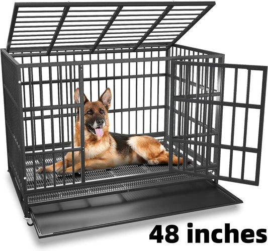 Monasem 48" Heavy Duty Dog Crates for Dogs Pets, Dog Kennels and Metal Wire Cages With Wheels & Sturdy Locks Design