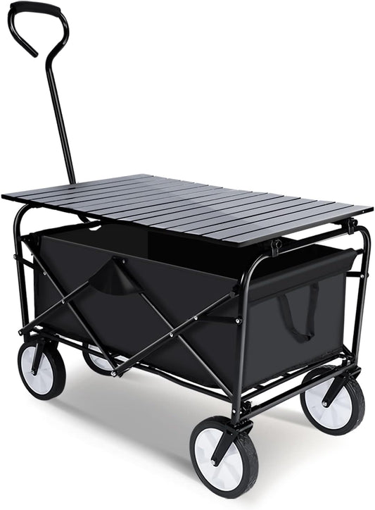 Firstness Garden Cart Folding Wagon Collapsible w/Foldable Table Board Universal Wheels for Camping Picnic Outdoor Event