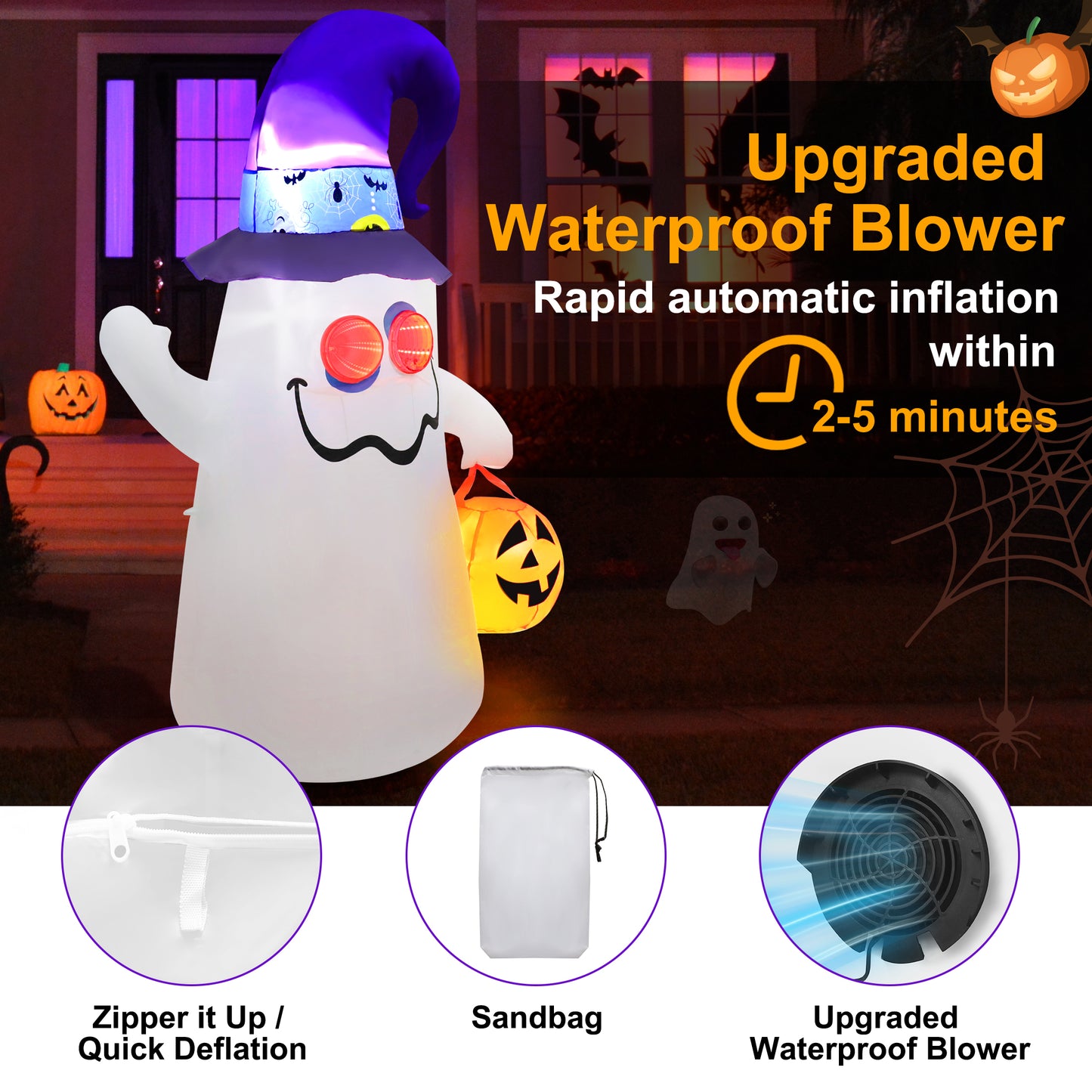 Firstness 5ft Tall Halloween Inflatable, Ghost Inflatable with LED Light Flashing for Halloween Outdoor Holiday Yard Decorations