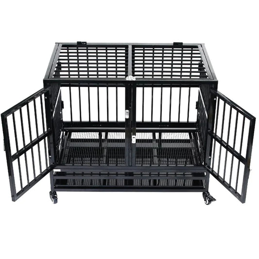 Monasem 44" Heavy Duty Dog Crates for Dogs Pets, 2-in-1 Double Doors Dog Kennels and Metal Wire Cages With Wheels & Sturdy Locks Design