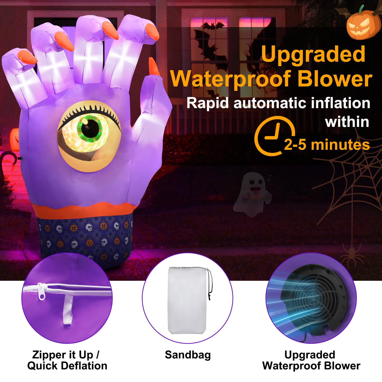 Firstness 7ft Tall Halloween Inflatable, Ghost Hand Inflatable with Eye Rotation LED Lights for Halloween Outdoor Holiday Yard Decorations