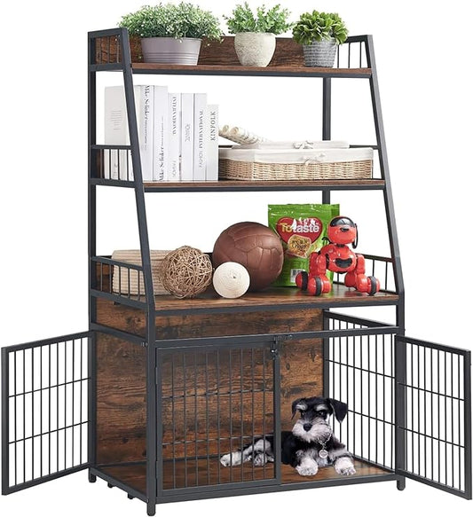 Monasem 31.5-inch Dog Crate Wooden Decorative Indoor Basic Dog Cage with 3-Layer Storage Shelves (Black)