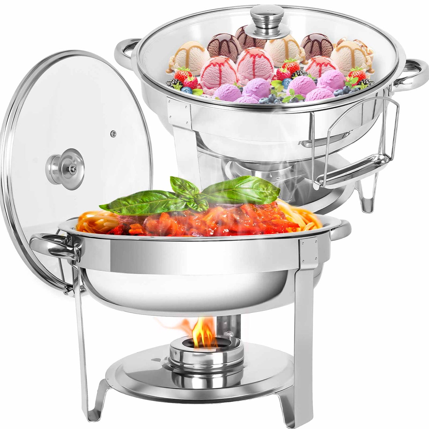 Firstness Chafing Dish Buffet Set 2 Pack,5 QT Round Chafing Dishes for Buffet with Glass Lid & Lid Holder, Stainless Steel Chafers and Buffet Warmers Sets for Parties,Wedding,Dinner